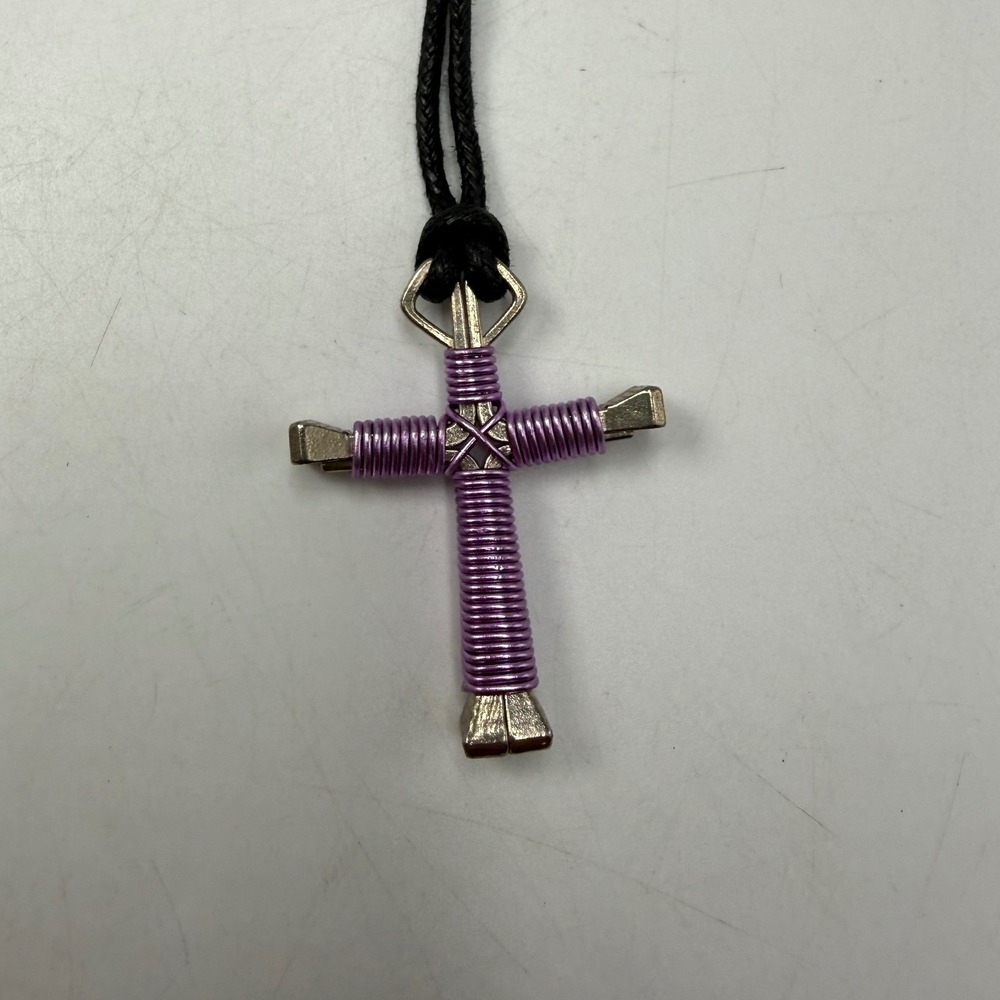 Horseshoe Nail Cross Necklace Purple Wire Wrapped Religious Pendant Black Cord